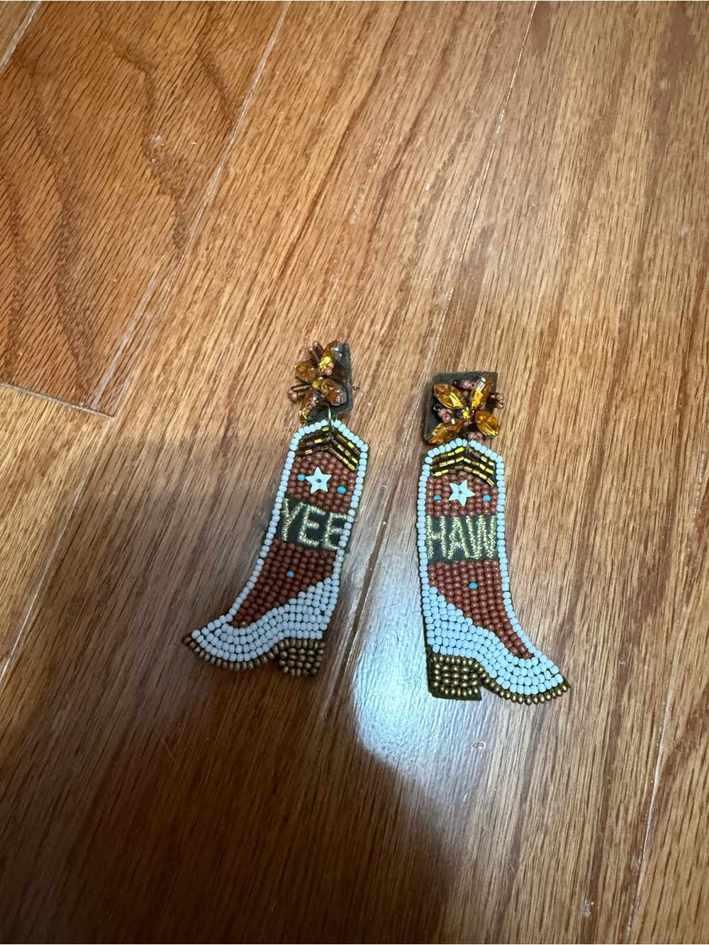 Beaded Cowgirl Boot Statement Earrings - White & Brown